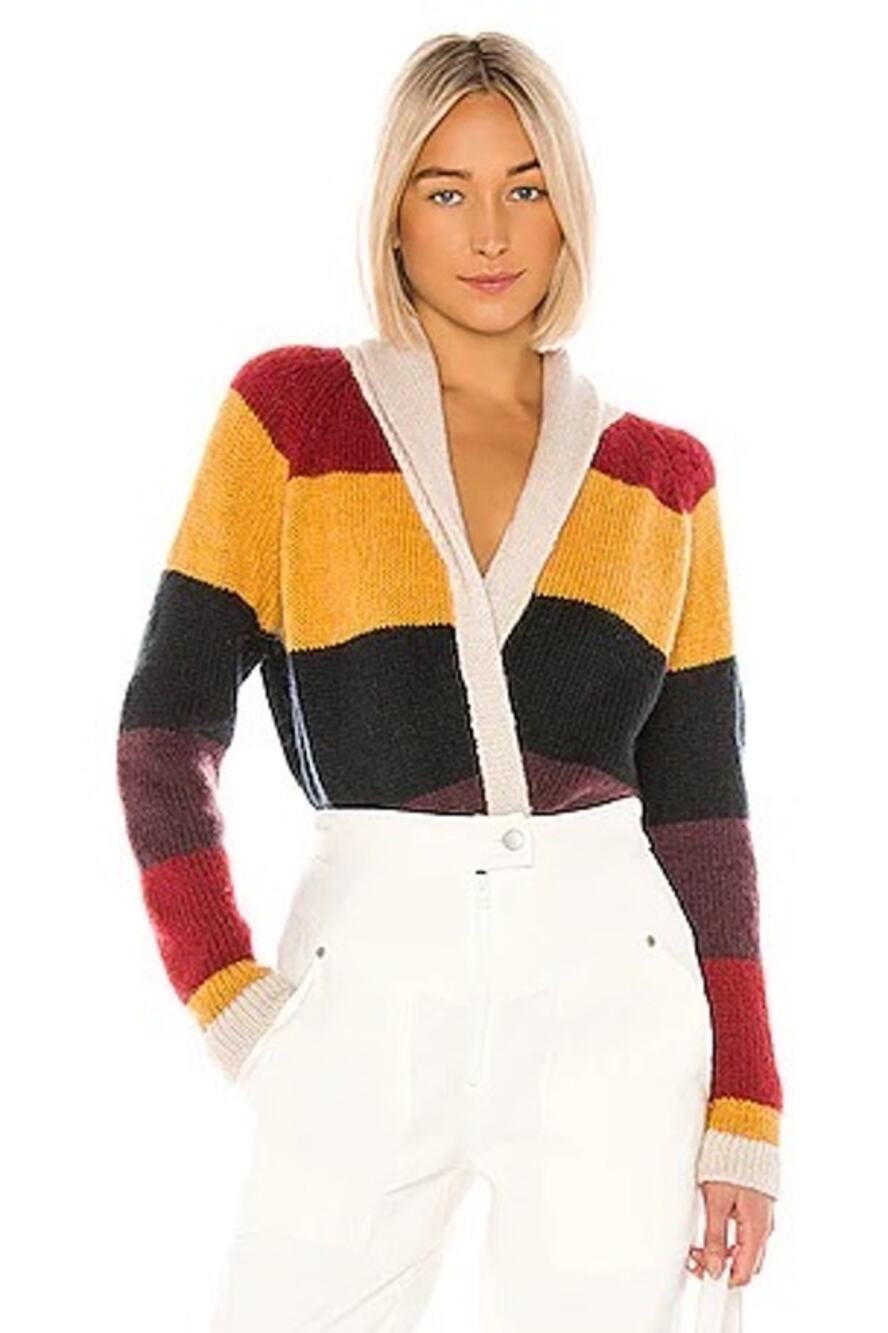 The Great. The Stripe Lodge Cardigan Sz 0 XS Sunbeam Knit Sweater Open Collar